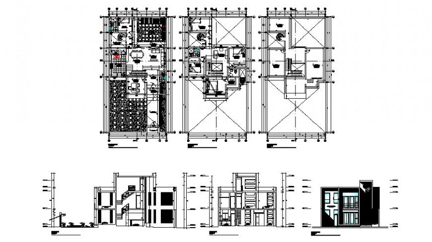 Three level house main elevation, section and floor plan details dwg file