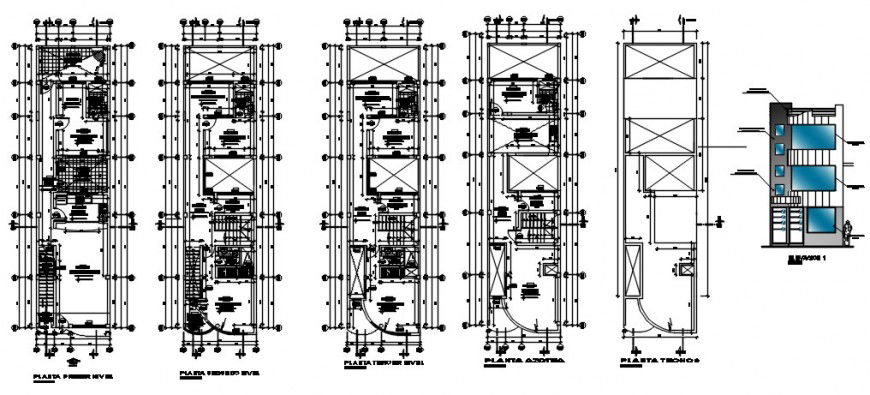Three level house main elevation and floor plan drawing details dwg file