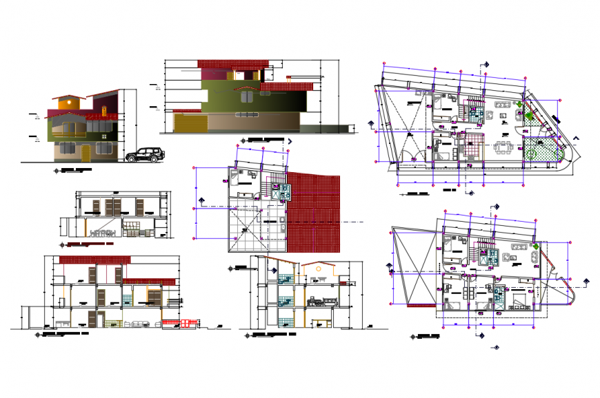 Three level one family bungalow elevation, section and floor plan details dwg file