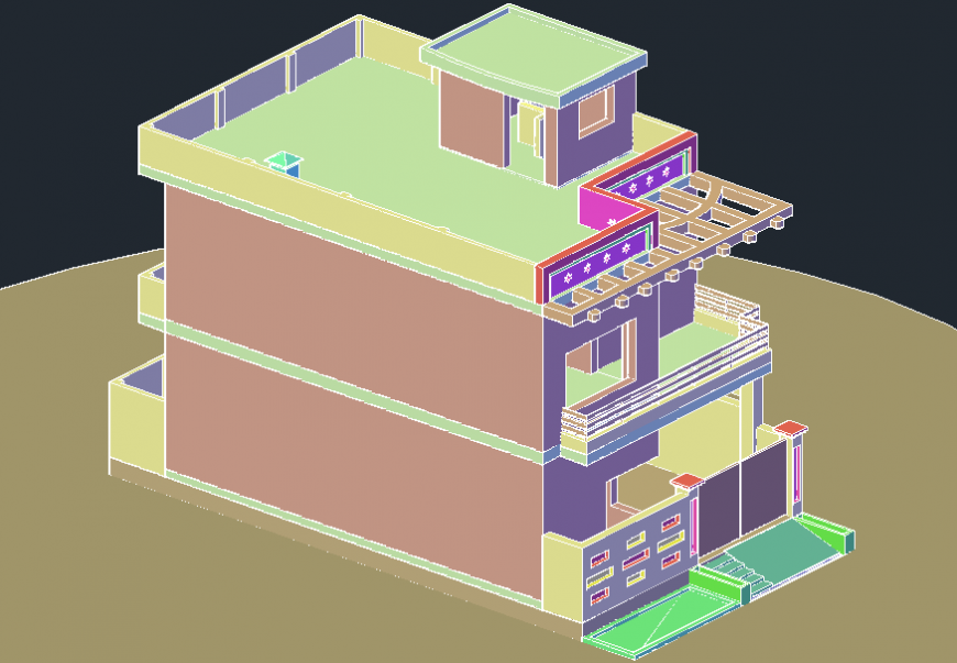 Three level one family house 3d model cad drawing details dwg file