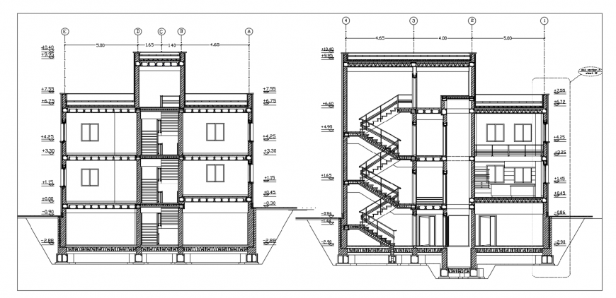 Three level residential building main and back section drawing details dwg file