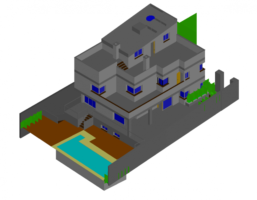 Three level residential house 3d model cad drawing details dwg file