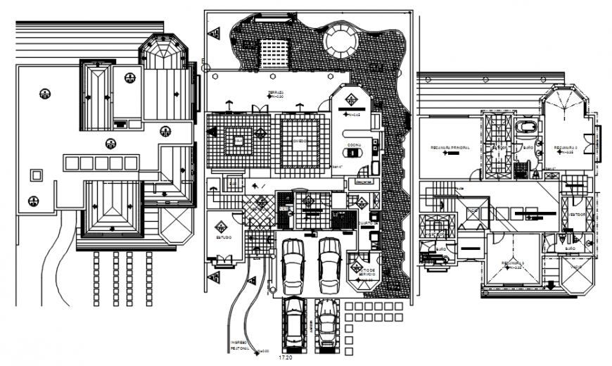 Three level residential house floor distribution plan drawing details dwg file