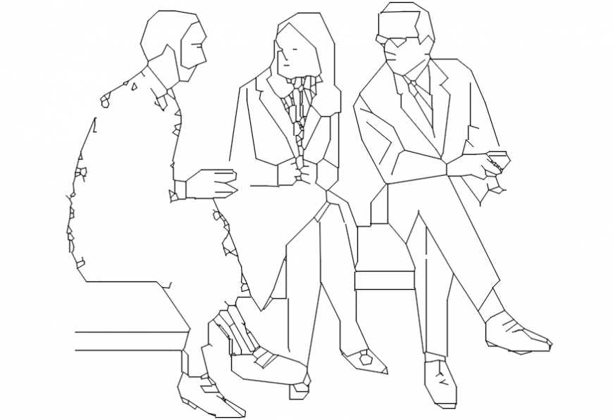 Three people seating on bench elevation block drawing details dwg file