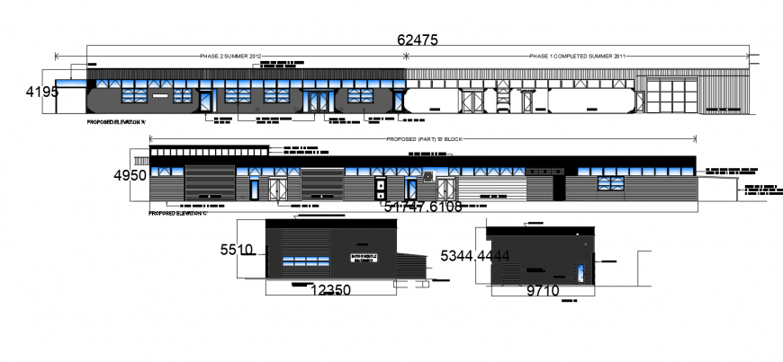 Three sided elevation drawing details of Commercial building refurbishment dwg file