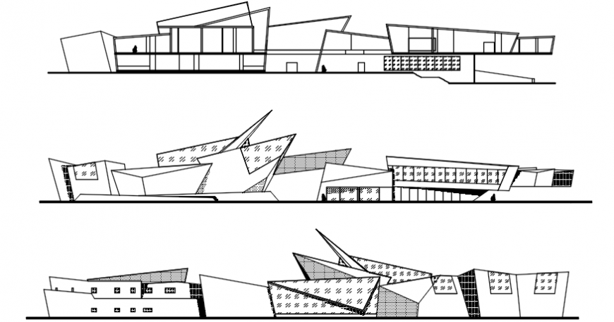 Three sided elevation drawing details of modern art museum building dwg file