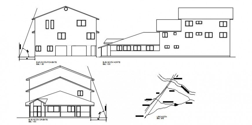 Three sided elevation drawing details of one family house dwg file