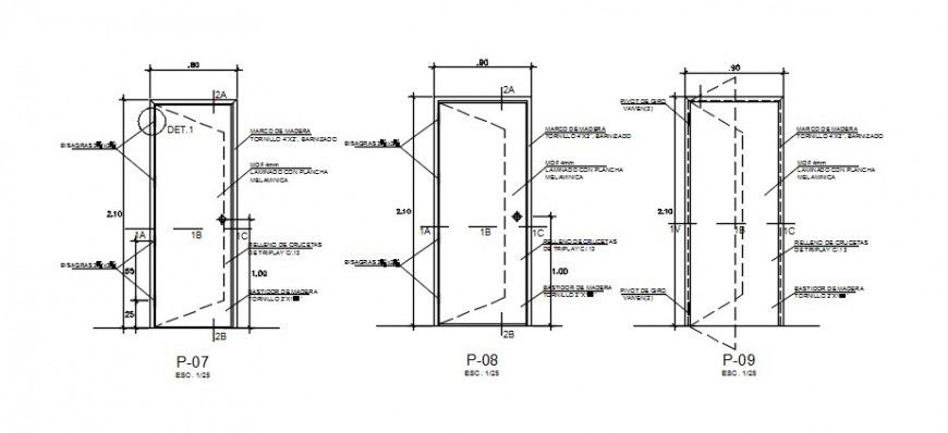 Three single doors elevation cad drawing details dwg file