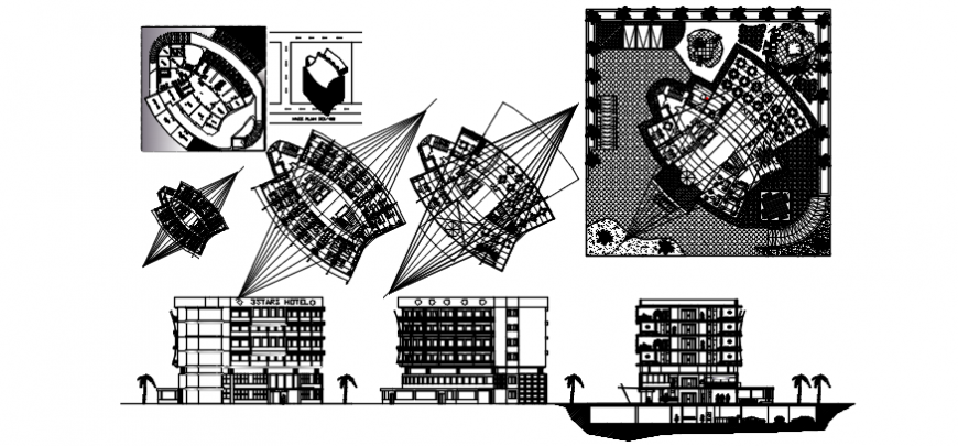 Three star hotel Plan and elevation of in auto cad file