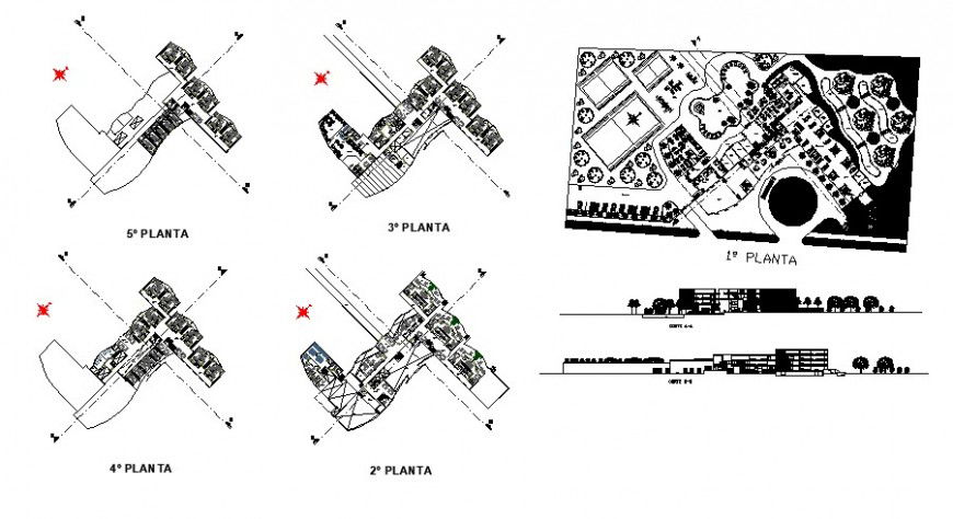 Three star resort type hotel elevation, section and floor plan details dwg file