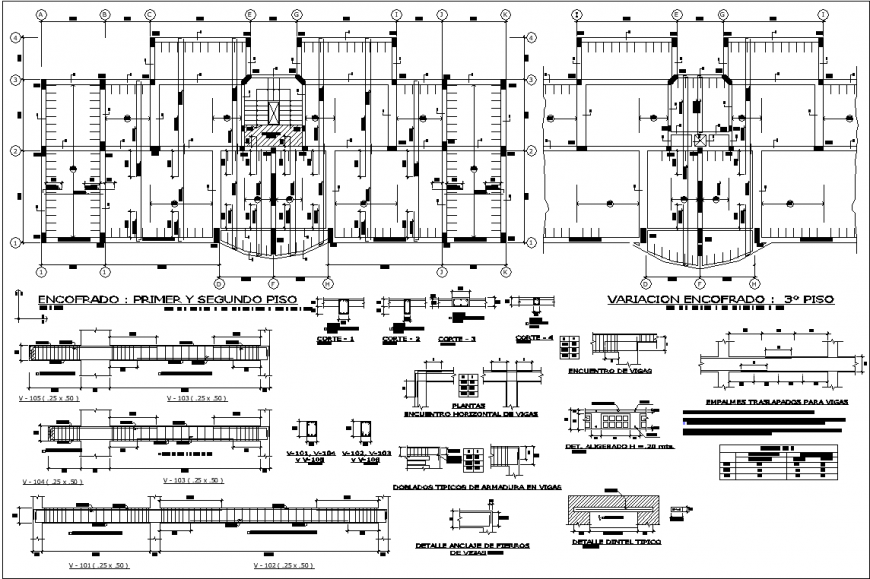 Three storey building foundation layout plan drawing in dwg AutoCAD file.