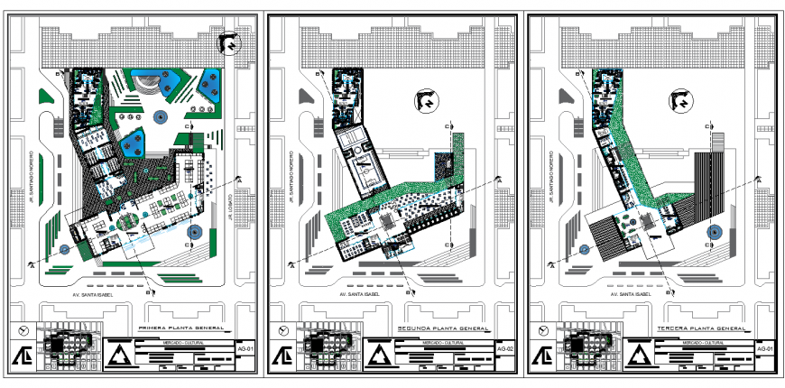 Three storey restaurant and park detail layout plan in dwg AutoCAD file.