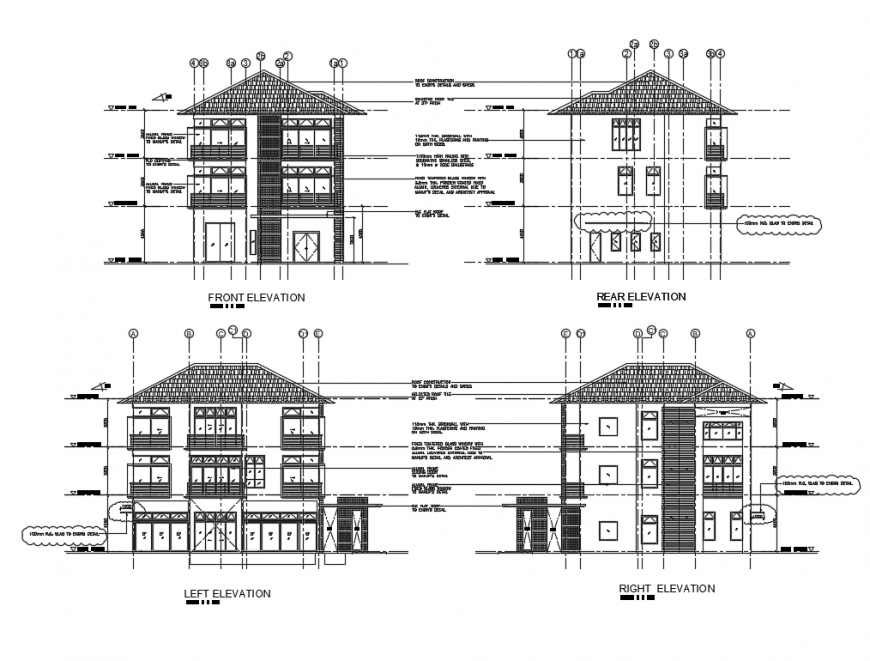 Three story bungalow all sided elevations cad drawing details dwg file