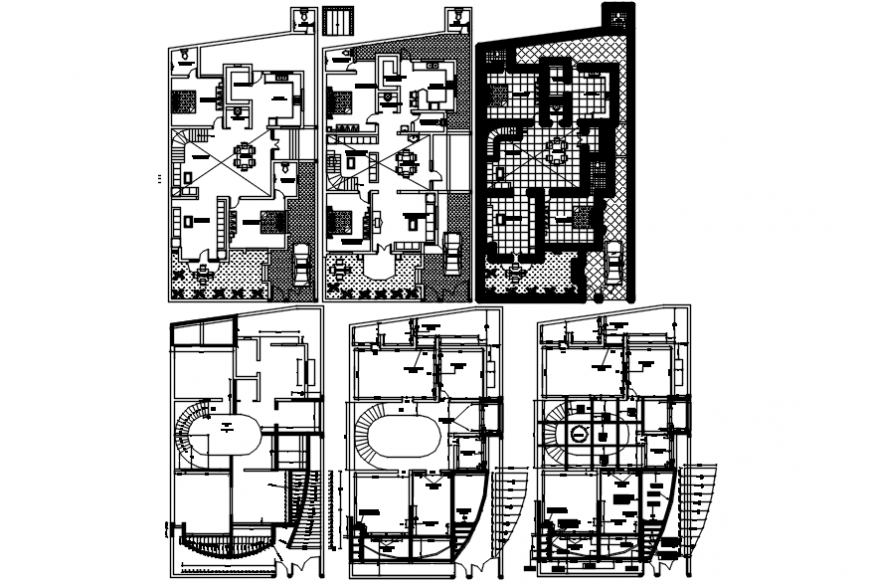 Three story bungalow floor plan distribution and structure details dwg file