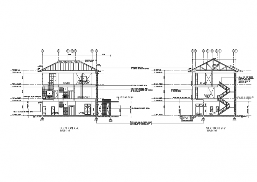 Three story bungalow section x-x and section y-y details dwg file
