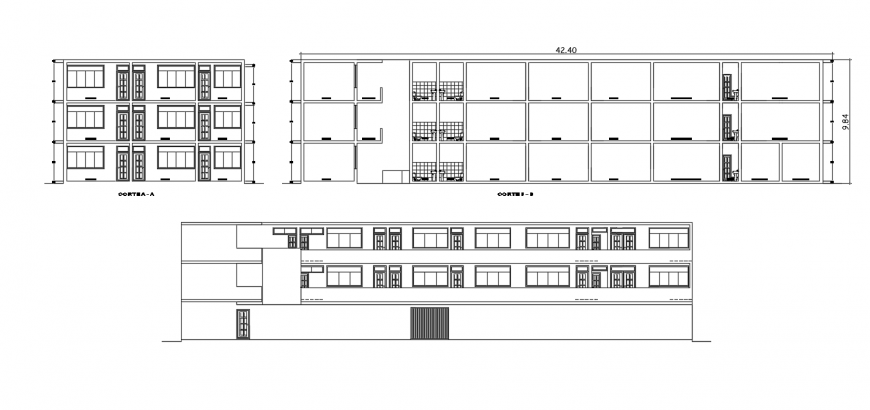 Three story college building main and side elevation and main section details dwg file