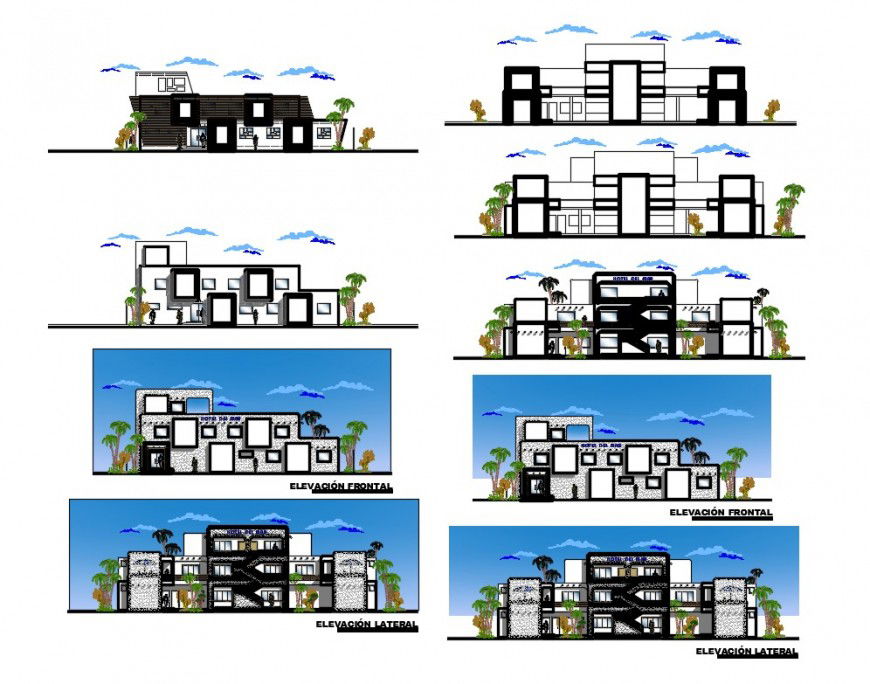 Three story hotel all sided elevation and sectional details dwg file