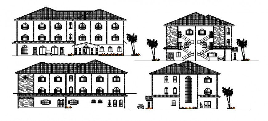 Three story hotel all sided elevation auto-cad drawing details dwg file
