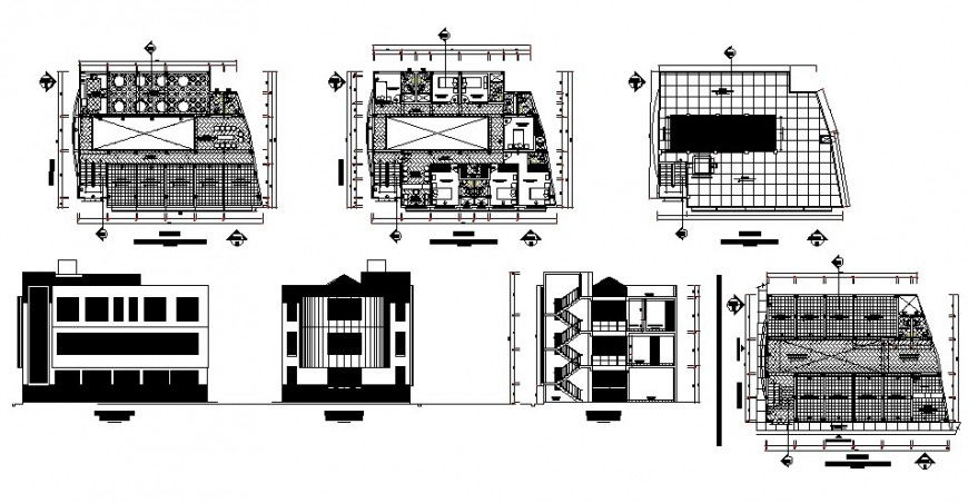 Three story hotel elevation, section and plan cad drawing details dwg file