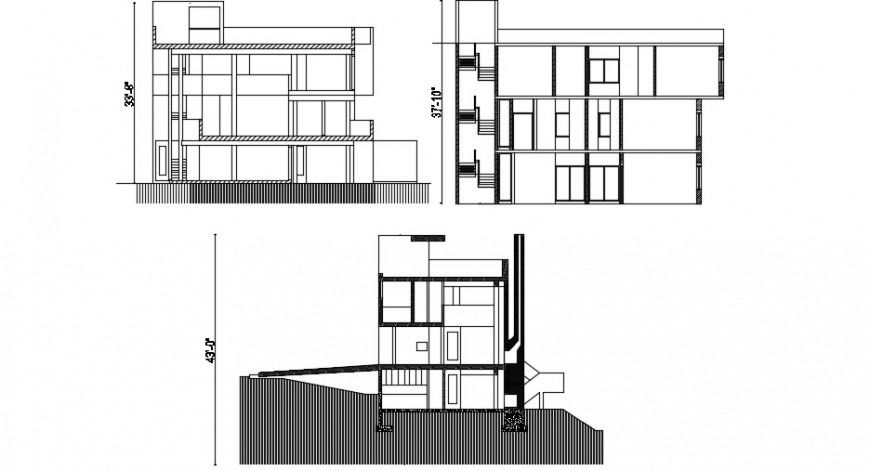 Three story house all sided elevation and section 2d drawing details dwg file