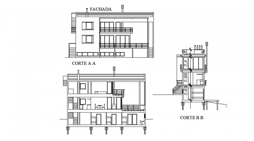 Three story house all sided section cad drawing details dwg file