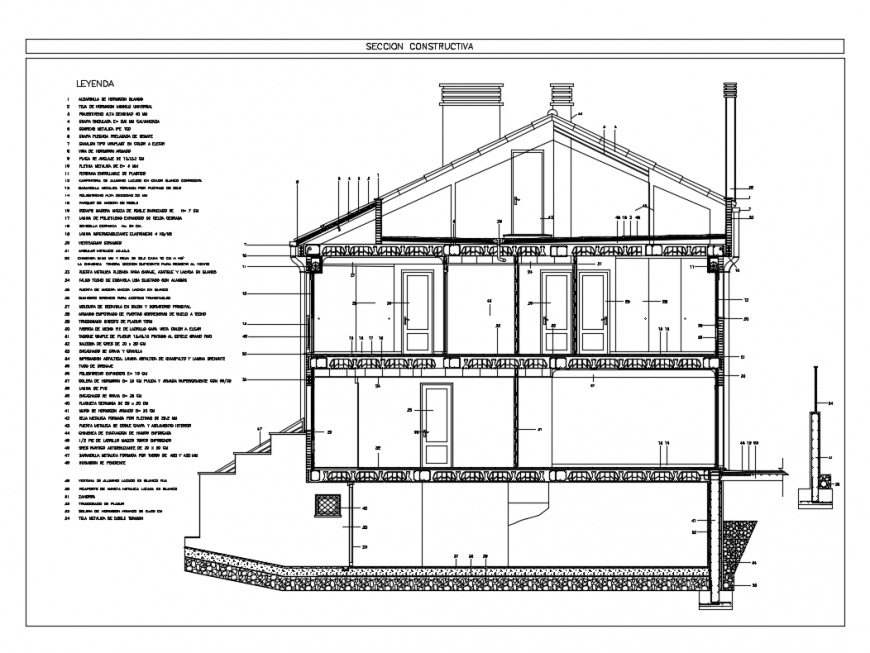 Three story house building facade sectional view dwg file