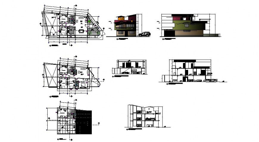 Three story house details plan elevation and sectional drawing in autocad