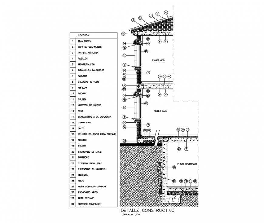 Three story house facade sectional-construction details dwg file