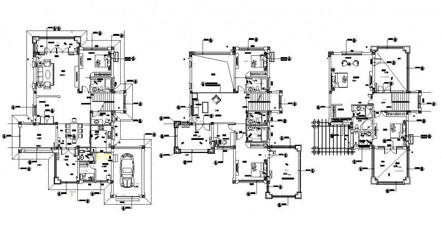 Three story house floor distribution plan with furniture drawing details dwg file