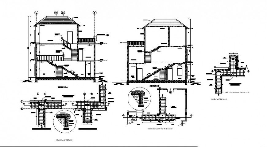 Three story house front and back side constructive section details dwg file