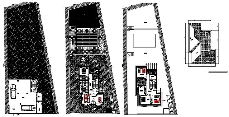 Three story house ground, first and second floor plan details with terrace dwg file