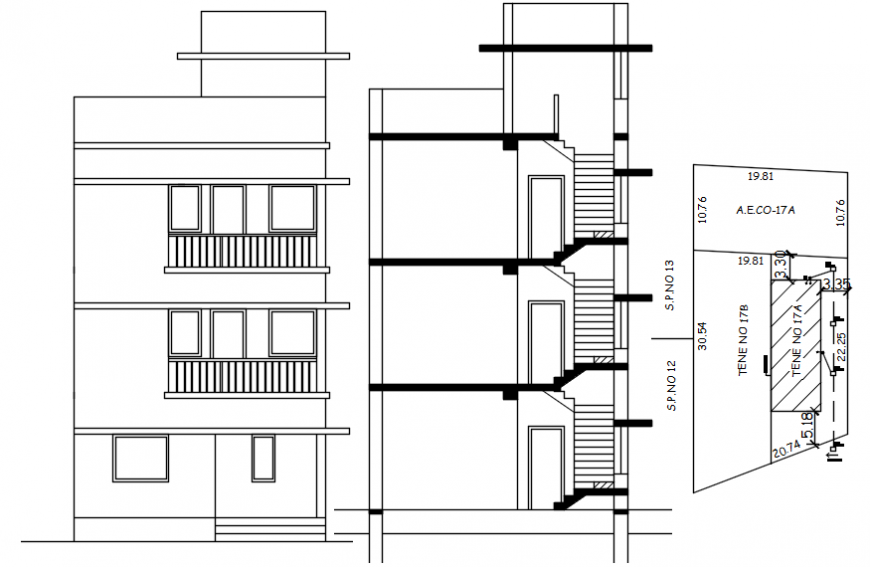Three story house main elevation, section and structure details dwg file