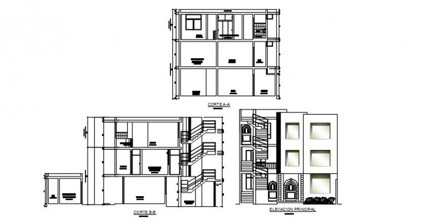 Three story house main elevation and both sided section drawing details dwg file