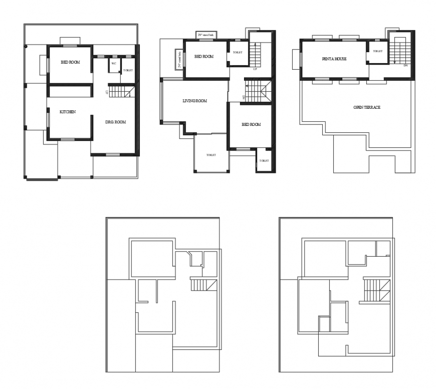 Three story house one family floor plan cad drawing details dwg file