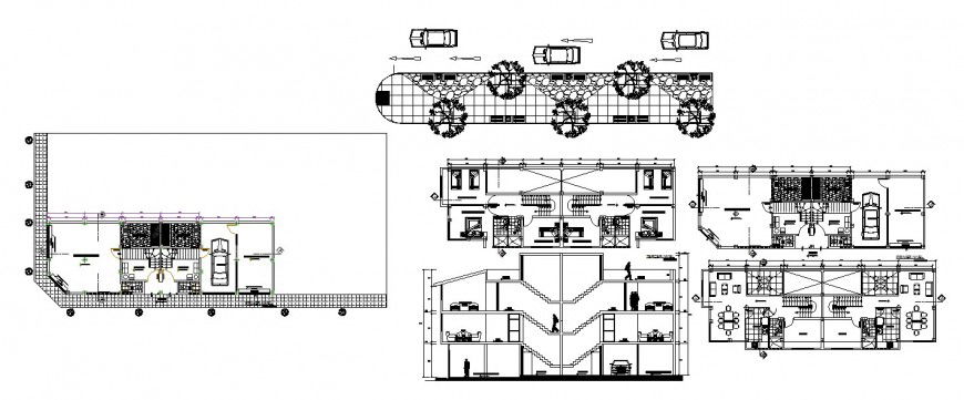 Three story house section, floor plan and car parking area cad drawing details dwg file