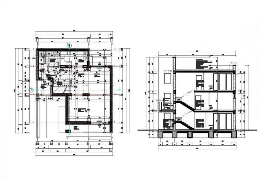 Three story house section and plan cad drawing details dwg file