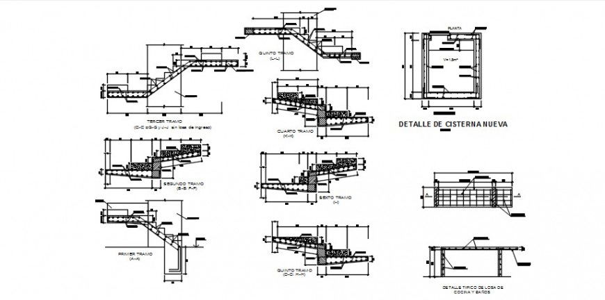 Three story house staircases sections and constructive structure drawing details dwg file