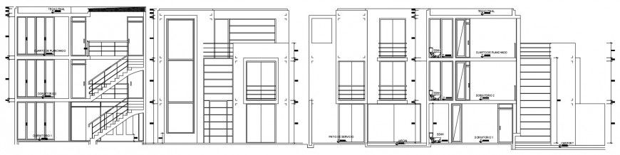 Three story houses elevation and section drawing details dwg file