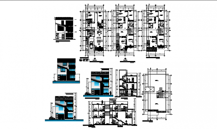 Three story housing building elevation, section and floor plan details ...
