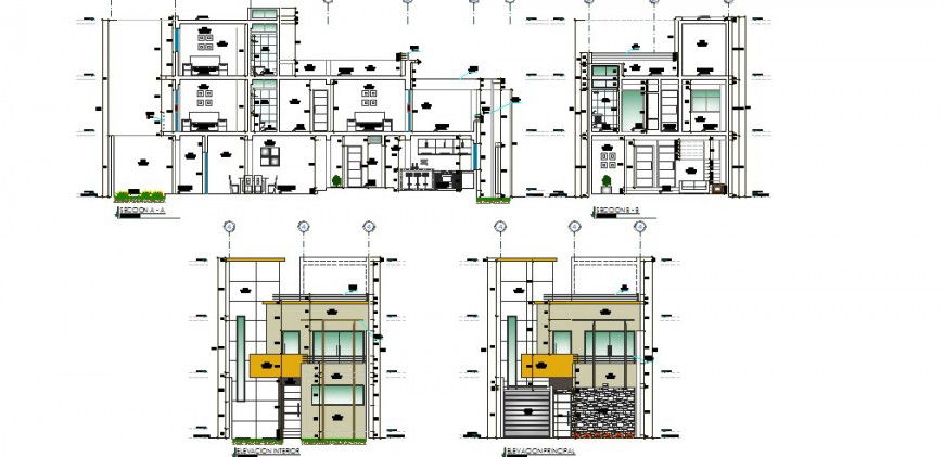Three story multi-familiar building all sided section cad drawing details dwg file