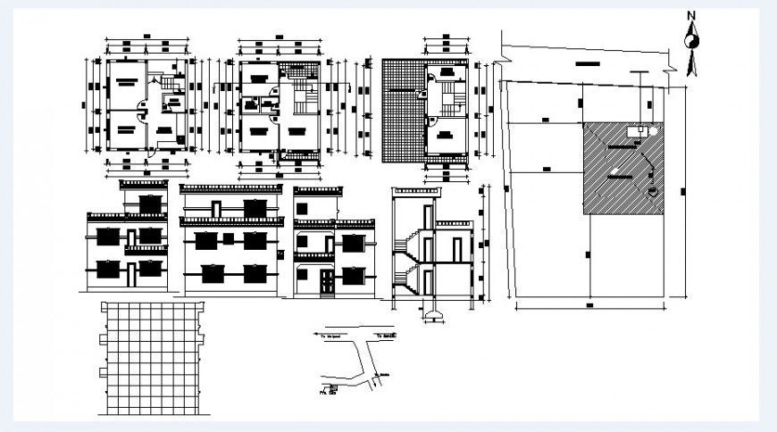 Three story one family house elevation, section and floor plan details dwg file