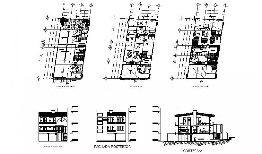 Three story one family house elevation, section and plan details dwg file