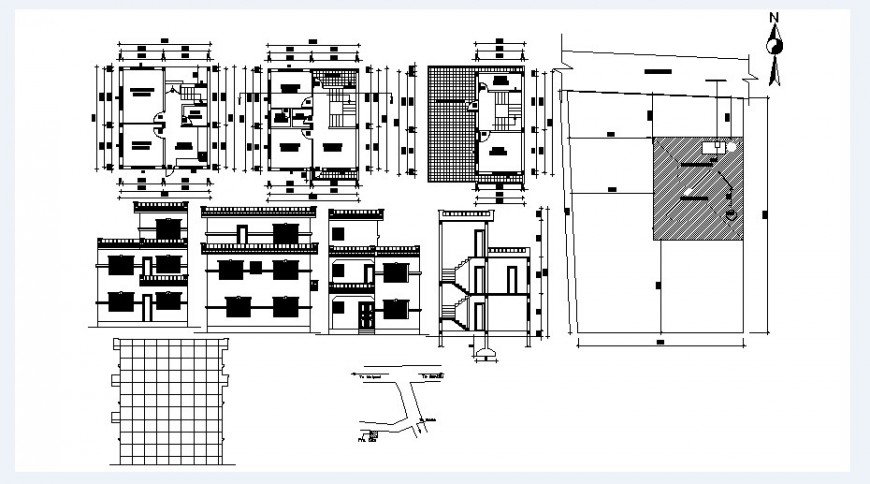 Three story one family house elevation, section and floor plan details ...
