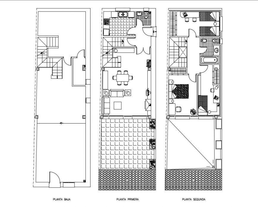 Three story one family house floor plan layout details dwg file