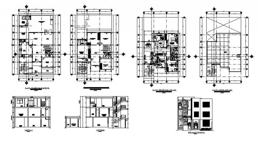 Three story residential bungalow drawings details plan elevation and section dwg file