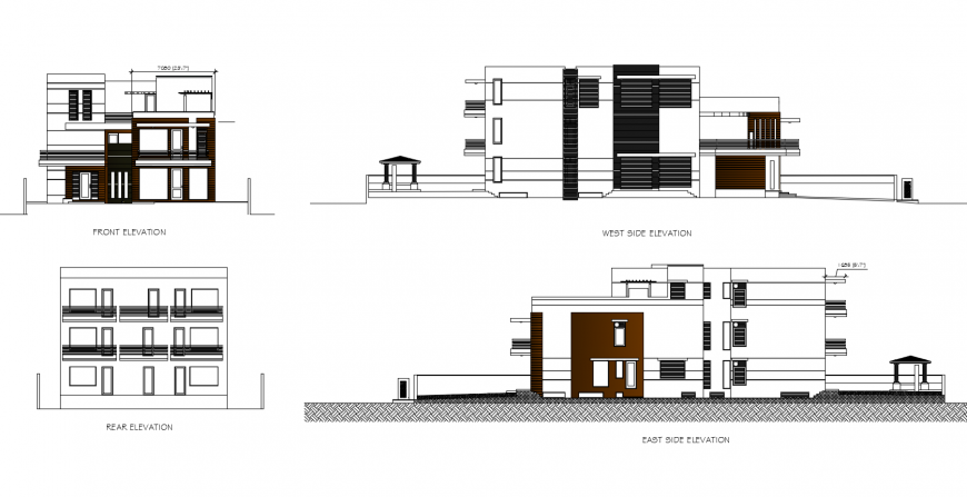 Three story residential bungalow elevation and section cad drawing details dwg file