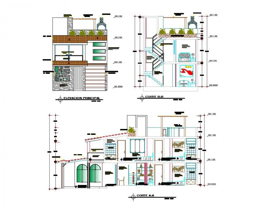 Three story residential house elevation and section details dwg file