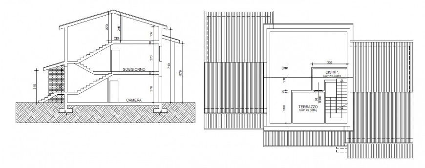 Three story residential house main section and cover plan cad drawing details dwg file