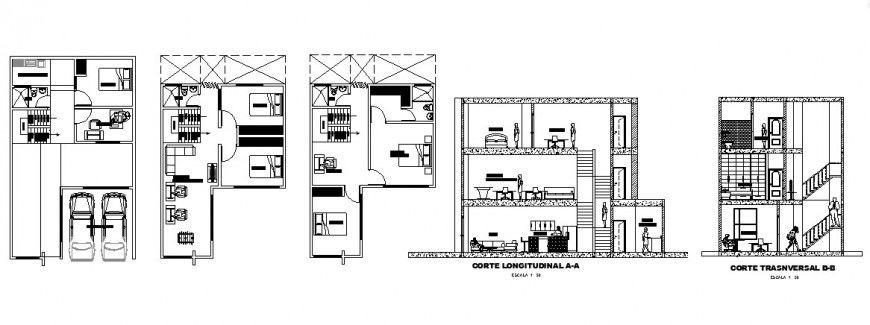 Three-Story Residential House Section & Plan in DWG file