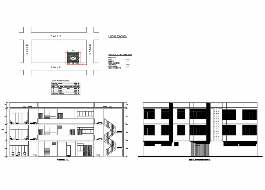 Three story school building elevation and sectional details dwg file